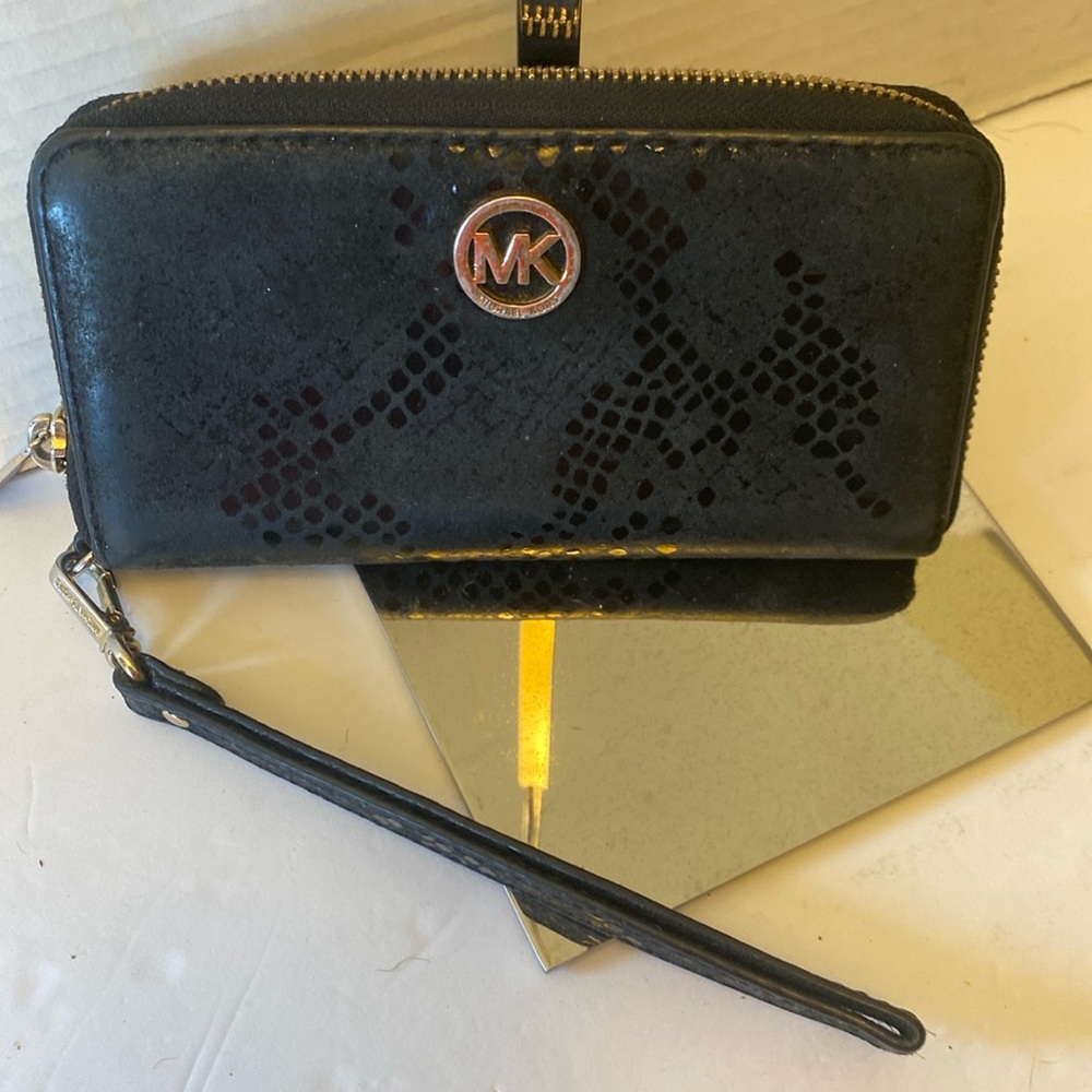 GUC. Michael Kors, black zip top suede, leather wristlet.